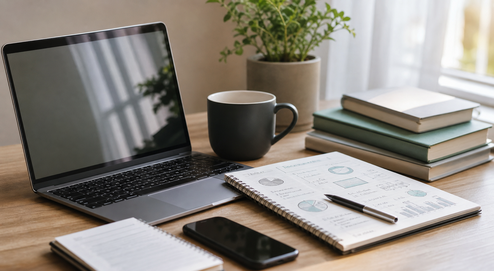 A quiet desk setup with laptop and notes for researching online income ideas