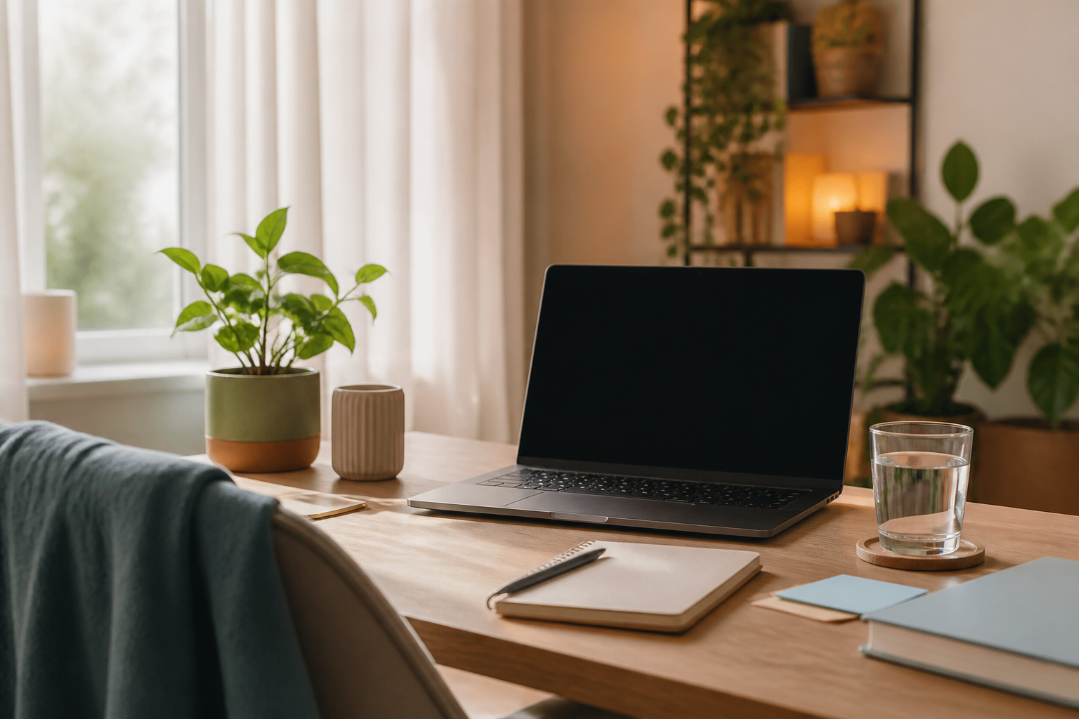 A calm home desk arranged for a private online therapy session